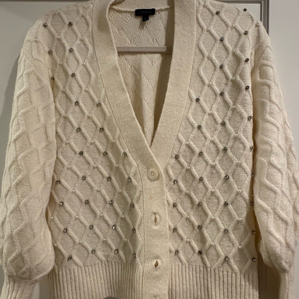 Talbots Women's ivory Beaded Cable Knit Cardigan Sweater